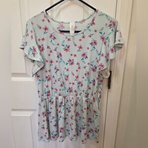 Honeyme Floral Womens Top - Light Blue and Pink